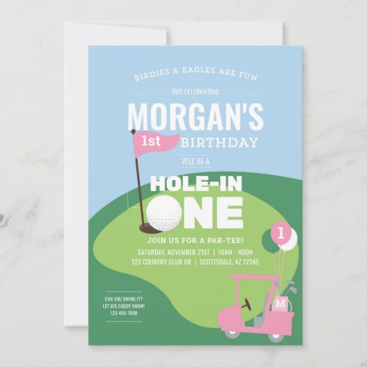 Roze Golf Hole in een verjaardag uitnodiging (Voorkant)