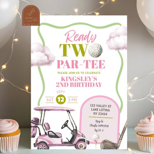 Roze Golf Kind Twee Par-Tee Verjaardag Kaart