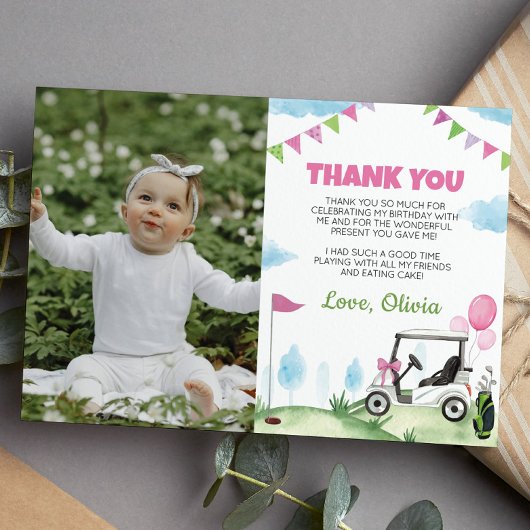 Roze Golf Meisje Verjaardag Foto Dank u Kaart