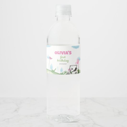 Roze Golf Meisje Verjaardagsfeestje Waterfles Labe Waterfles Etiket (Voorkant)