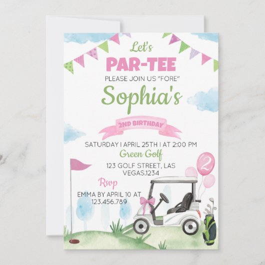 Roze Golf Meisje Verjaardagsfeestuitnodiging Alle  Kaart (Voorkant)