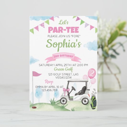 Roze Golf Meisje Verjaardagsfeestuitnodiging Alle  Kaart (Staand voorkant)