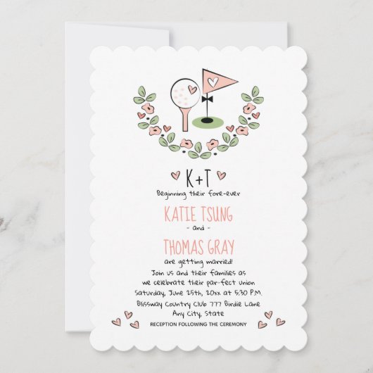 Roze Golf Thema Bloemen en harten Bruiloft Kaart (Voorkant)