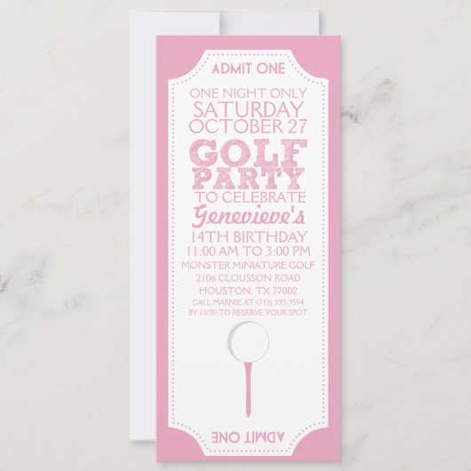 Roze Golf Ticket Golf Birthday Party Invitation Kaart (Voorkant)