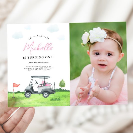 Roze Golf Verjaardag Fotouitnodiging voor Meisjes Kaart