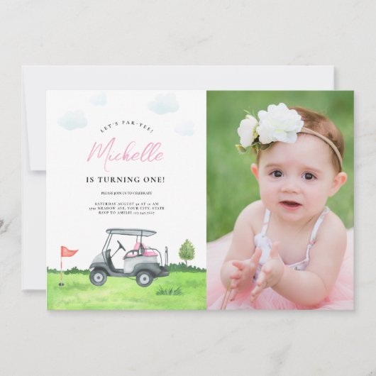 Roze Golf Verjaardag Fotouitnodiging voor Meisjes Kaart (Voorkant)
