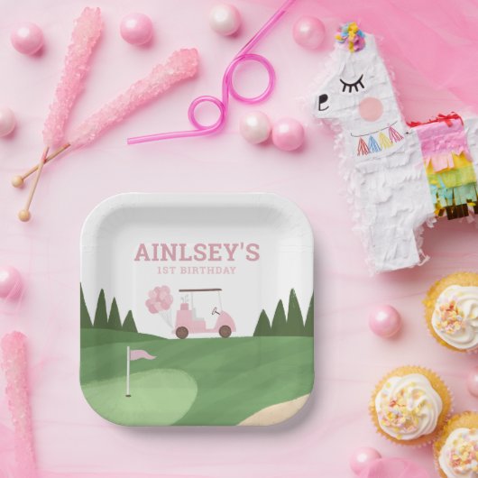 Roze Golf verjaardagsfeestje Papieren Bordje (Feest)