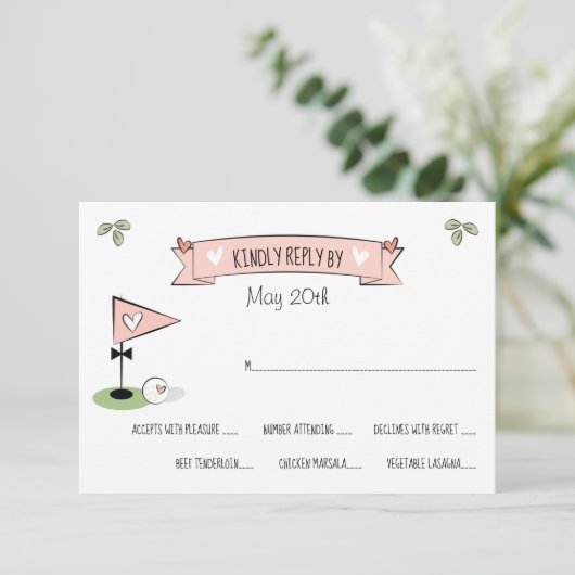 Roze Golfbal en Bowtie Pin RSVP-kaarten RSVP Kaartje (Staand voorkant)