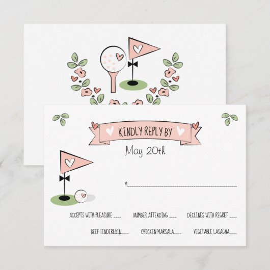 Roze Golfbal en Bowtie Pin RSVP-kaarten RSVP Kaartje (Voorkant / Achterkant)