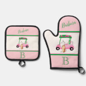 Roze Golfkar Clubs Monogram Naam Ovenwant & Pannenlap Set (Voorkant)