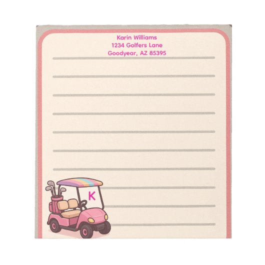 Roze golfkar gepersonaliseerd notitieblok (Voorkant)