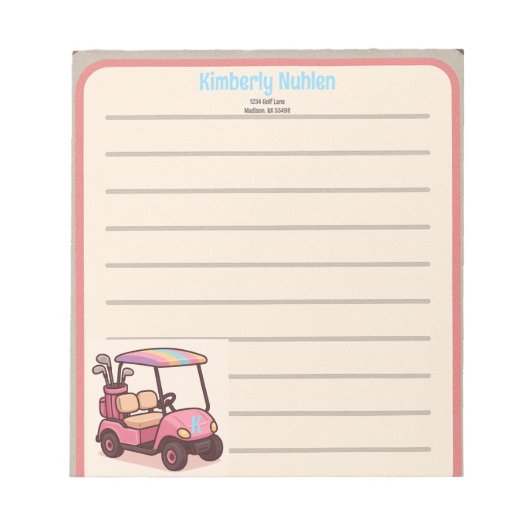 Roze golfkar gepersonaliseerd notitieblok (Voorkant)