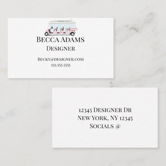 Roze golfkar gepersonaliseerd visitekaartje (Voorkant / Achterkant)