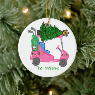 Roze golfkar kerstboom & kerstman golftas keramisch ornament