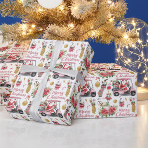 Roze golfkar kerstthema voor vrouwelijke golfer cadeaupapier