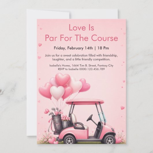Roze Golfkar Valentijnsdag Feest Uitnodiging (Voorkant)