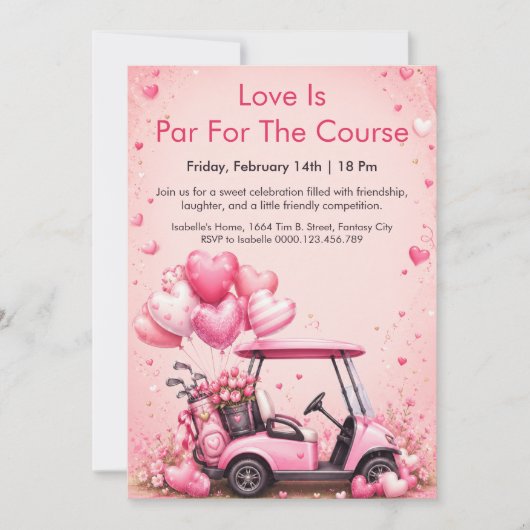 Roze Golfkar Valentijnsdag Feest Uitnodiging (Voorkant)