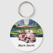 Roze Golfkar voor vrouwelijke golfer op groen Sleutelhanger (Voorkant)