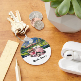 Roze Golfkar voor vrouwelijke golfer op groen Sleutelhanger