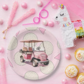 Roze golfkar voor vrouwenspeler papieren bordje (Feest)
