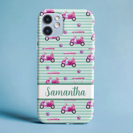 Roze Golfkarren Blauwgroen Gestreept Gepersonalise Case-Mate iPhone Case