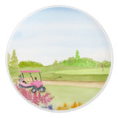 Roze golfkarretje golfbaan keramische knop (Voorkant)