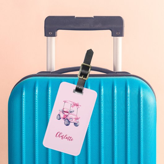 Roze golfkarretje naam script bagagelabel