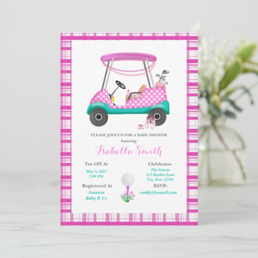 Roze Golfkarton met Baby shower voor Baby Kaart (Staand voorkant)