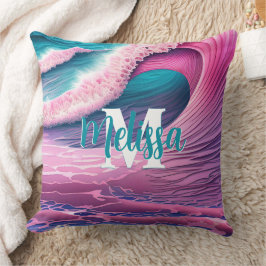 Roze golven op het strand Monogram Kussen