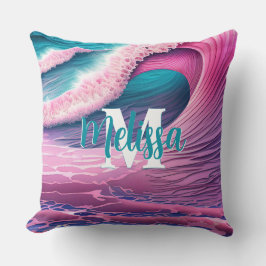 Roze golven op het strand Monogram Kussen