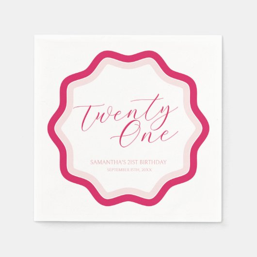 Roze golvende kromme kronkelige meisjes 21e verjaa servet (Voorkant)