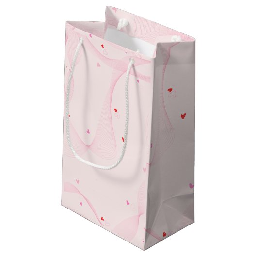 Roze golvende lijnen met rode harten Gift Bag Klein Cadeauzakje (Achterkant Gekanteld)