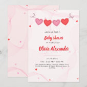 Roze golvende lijnen met schattig rood hartjes bab kaart (Voorkant / Achterkant)