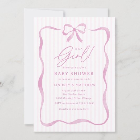Roze Golvende Lint Boog Meisje Baby Shower Kaart (Voorkant)