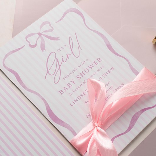 Roze Golvende Lint Boog Meisje Baby Shower Kaart