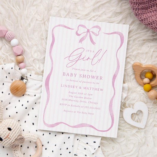 Roze Golvende Lint Boog Meisje Baby Shower Kaart
