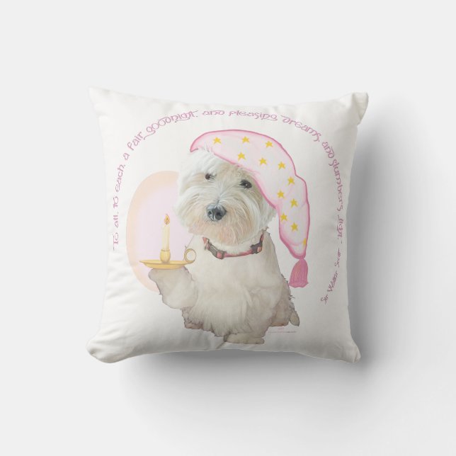 Roze Goodnight Westie met Kaars Ronde Kussen (Voorkant)