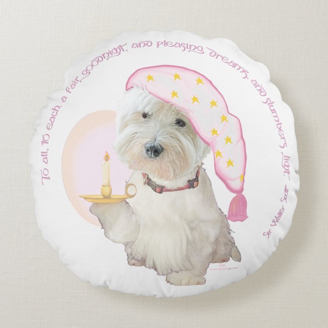 Roze Goodnight Westie met Kaars Ronde Kussen (Voorkant)