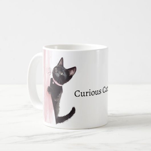 Roze Gordijn Nieuwsgierige Kat Koffiemok (Voorkant links)