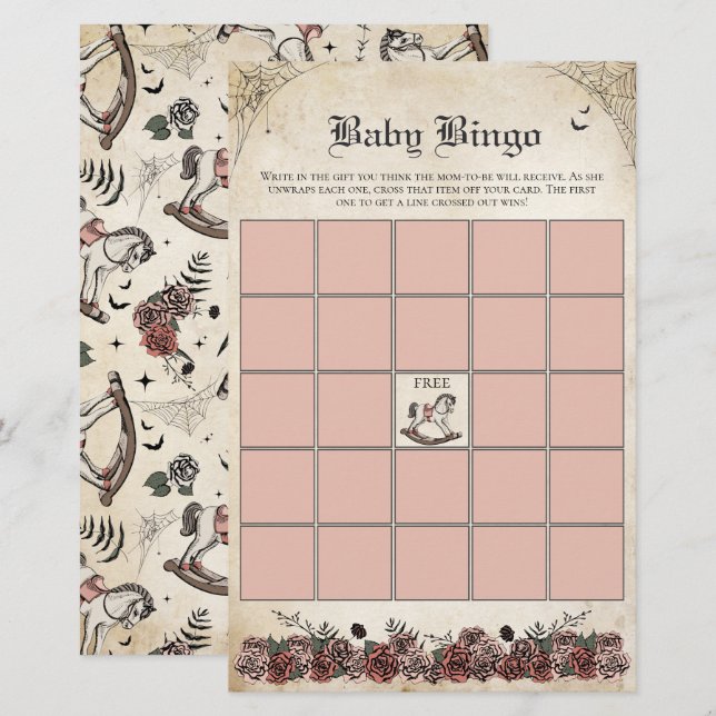 Roze Gotisch Baby shower Rocking Horse Baby Bingo (Voorkant / Achterkant)