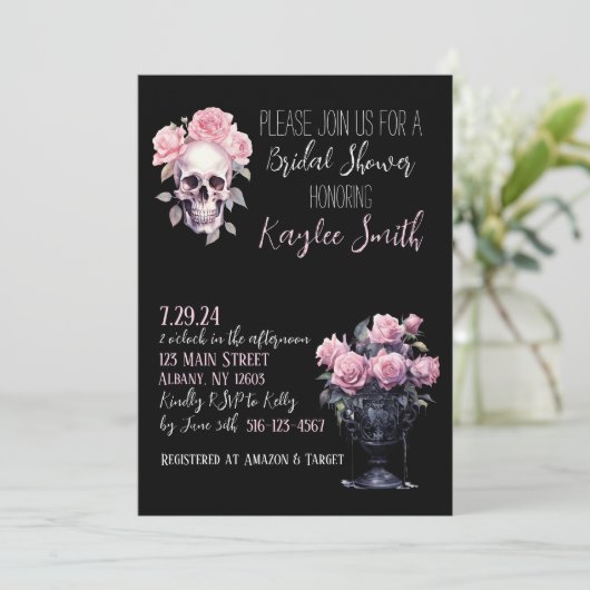 Roze Gotische Bloemen Bruids Douche Uitnodiging (Staand voorkant)