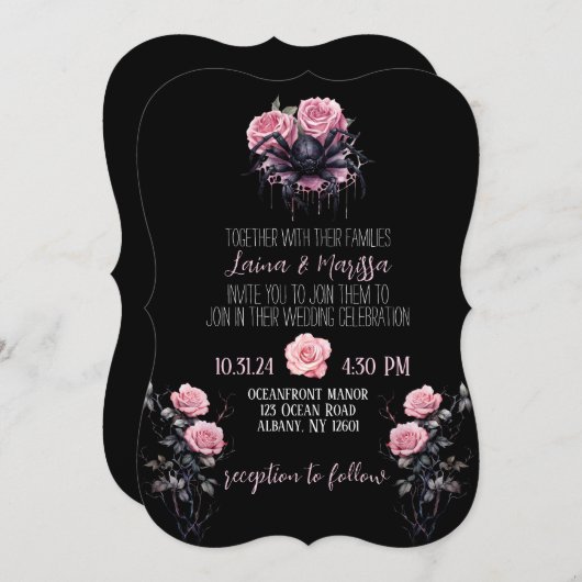 Roze Gotische Bloemen bruiloft uitnodiging (Voorkant / Achterkant)