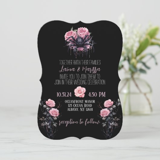 Roze Gotische Bloemen bruiloft uitnodiging (Staand voorkant)