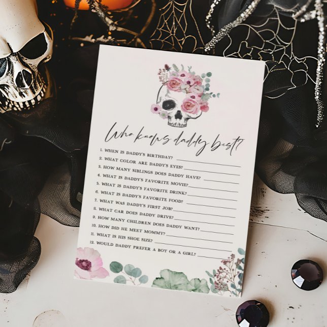 Roze Gotische Bloemenschedel Wie kent Daddy Best G (Floral Skull Baby Shower Who knows Daddy Best Game)