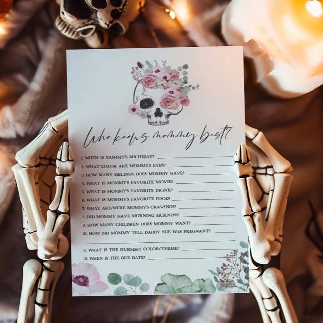 Roze Gotische Bloemenschedel Wie kent Mama Beste S (Floral Skull Baby Shower Who knows Mommy Best Game)