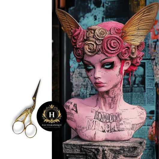 Roze gotische gargouille beeld decoupage tissuepapier
