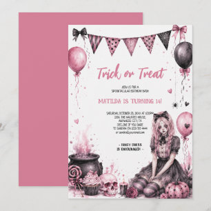 Roze Gotische Halloween Meisje Verjaardagsfeest Kaart