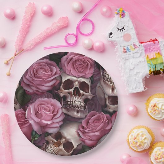 Roze Gotische Partij Levert Schedel Bloemen  Papieren Bordje (Feest)