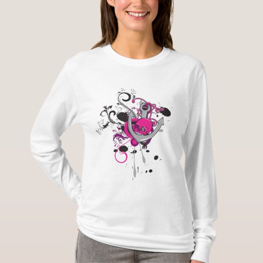 roze gotische schedel en anker vector kunst ontwer t-shirt (Voorkant)