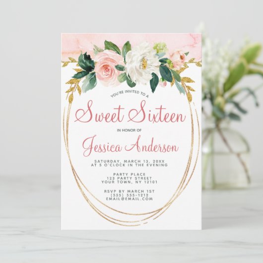 Roze goual glitter Floral Sweet Zestien verjaardag Kaart (Staand voorkant)